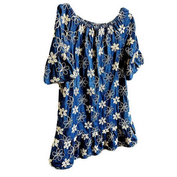 eci NY Embroider Denim Blue Jean Mini Dress Size 10 Round Neck Ruffled Cute - Picture 2 of 10